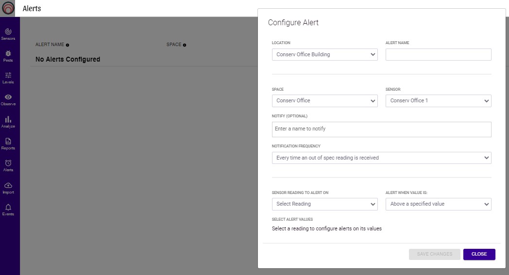 Screenshot of Conserv Cloud options to configure real-time alerts