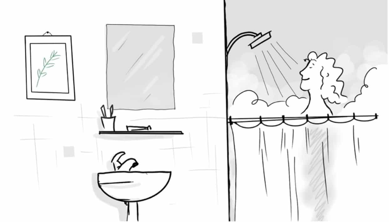 graphic illustration of a person with curly hair taking a shower in a bathroom with a sink, mirror, and piece of art
