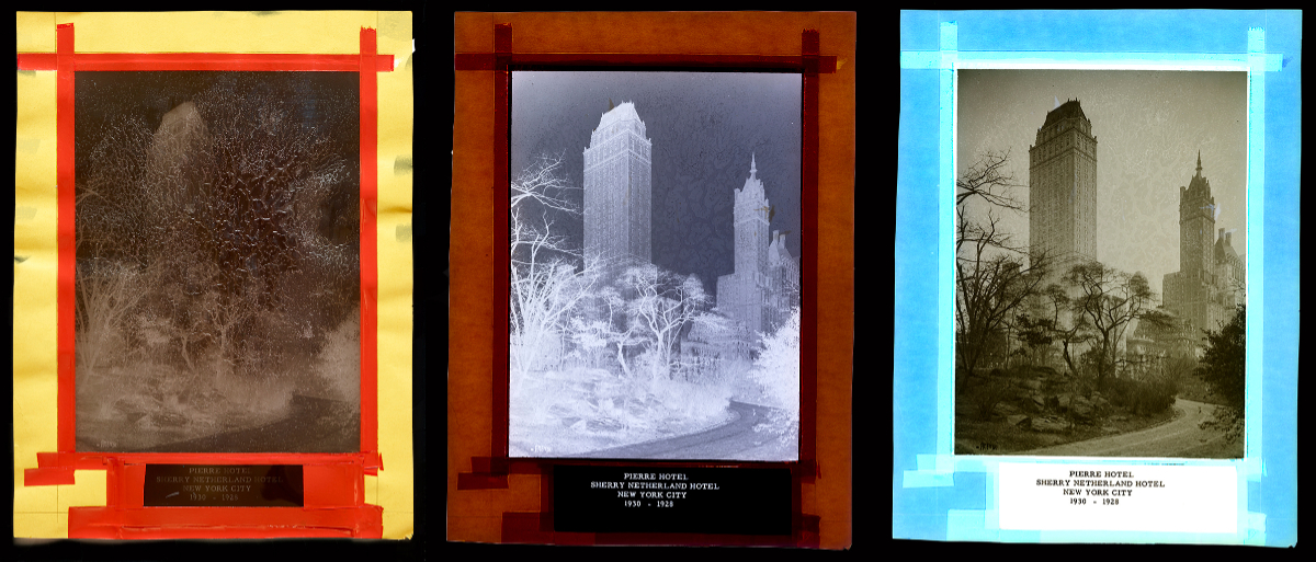 Pierre Hotel NYC, 1930, by Schultze & Weaver Architects. Left: condition of the negative. Center: scanned negative. Right: digital positive. Image courtesy of The Wolfsonian–FIU, Miami Beach, Florida.