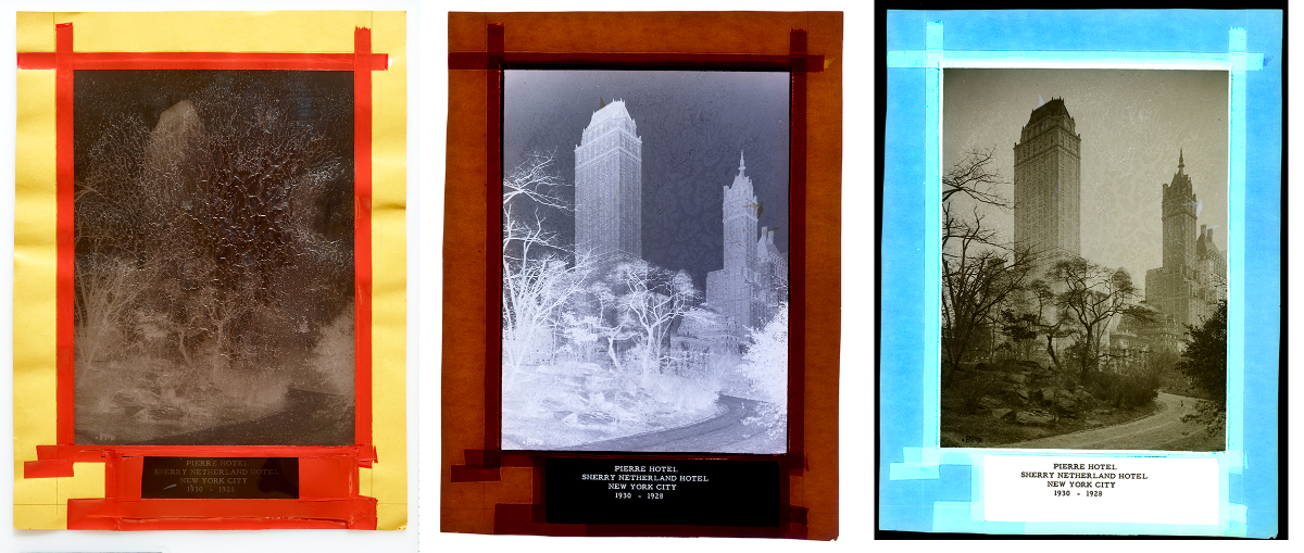 Pierre Hotel NYC, 1930, by Schultze & Weaver Architects. Left: condition of the negative. Center: scanned negative. Right: digital positive. Image courtesy of The Wolfsonian–FIU, Miami Beach, Florida.