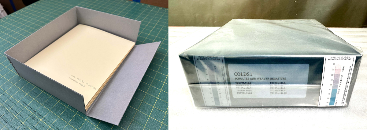 Left: Image of open buffered box with labeled folders. Right: Double wrapped box for freezer storage. It is labeled COLDS1 and has two humidity strips on the edge, one outside and one inside the transparent wrapping. Image courtesy of The Wolfsonian–FIU, Miami Beach, Florida.