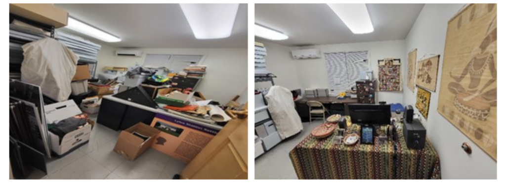 Before and after images of the on-site storage facility and curator's office showing great improvement in organization and decluttering.