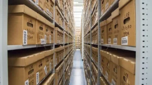 View down the middle of a strongroom at The London Archives