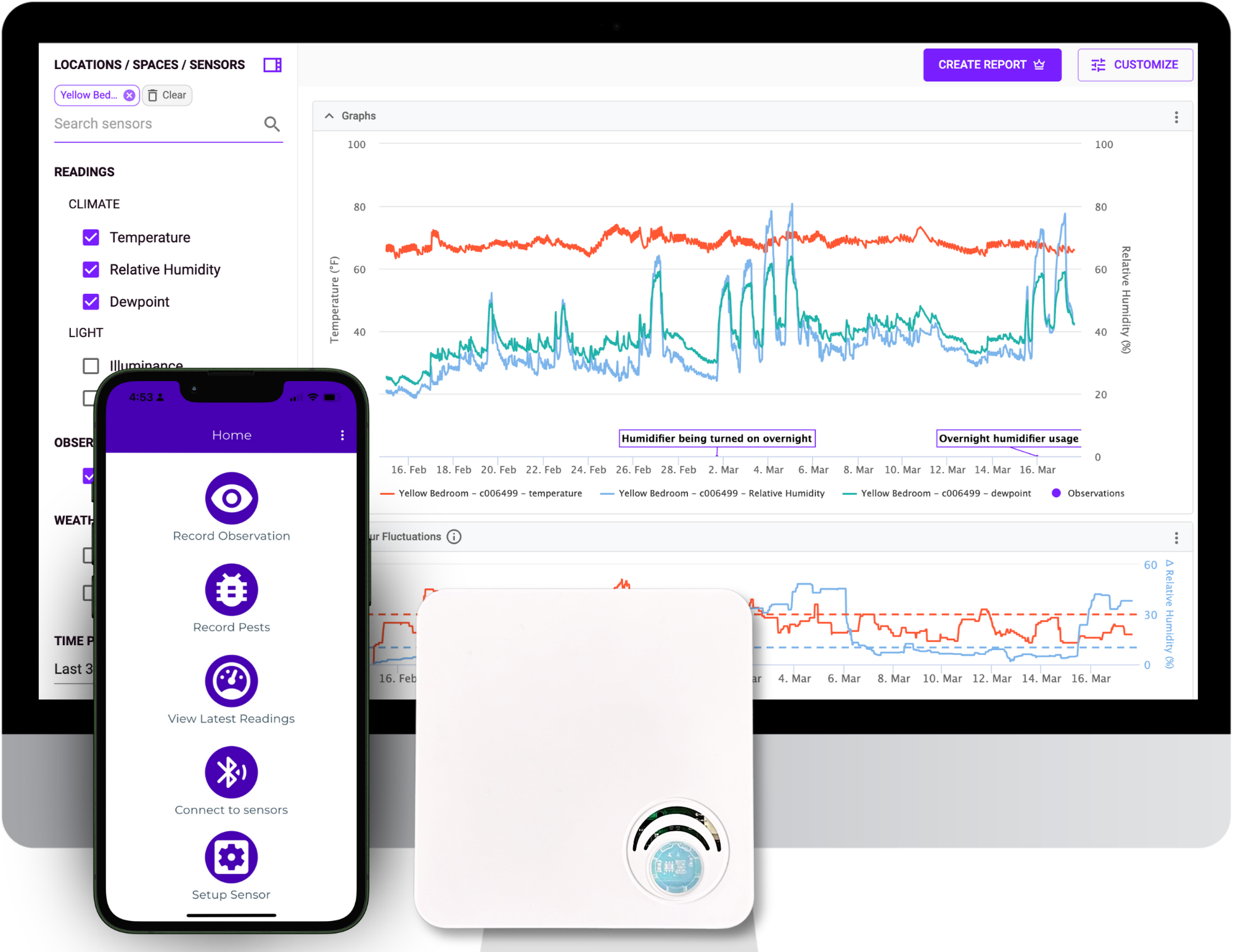 Conserv mobile app, sensor, and analytics with fluctuation graph